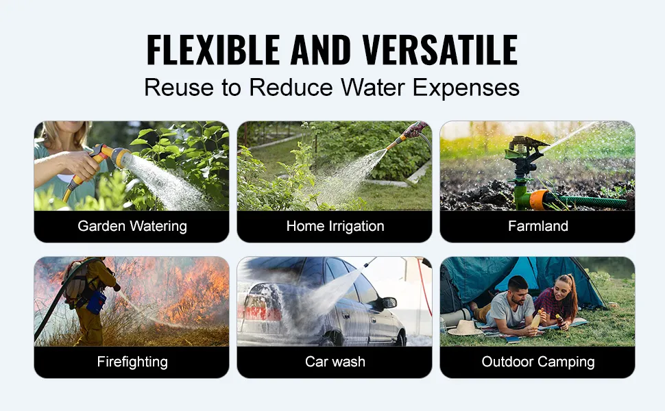 VEVOR water storage bladder uses: garden watering, home irrigation, farmland, firefighting, car wash, camping.