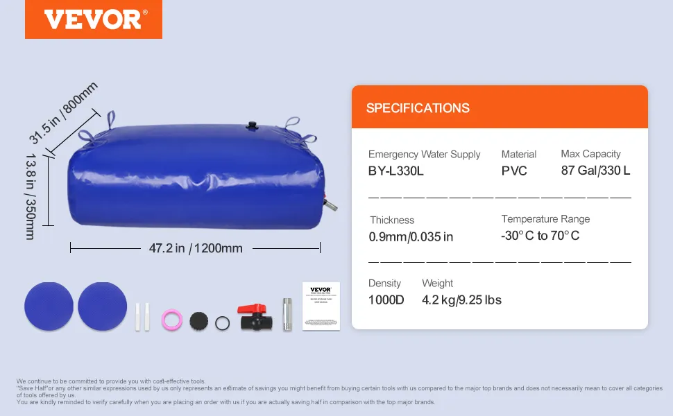 VEVOR water tank, 330l capacity, blue pvc material, emergency water supply, with included accessories.