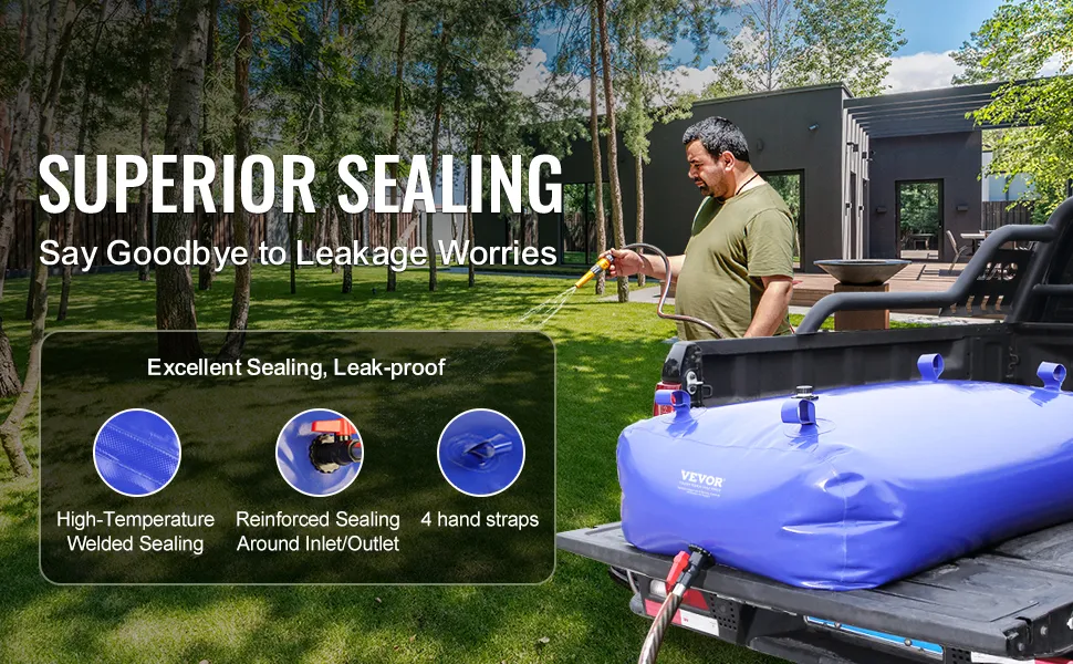 VEVOR water tank with superior sealing, leak-proof design, and four hand straps on a truck.