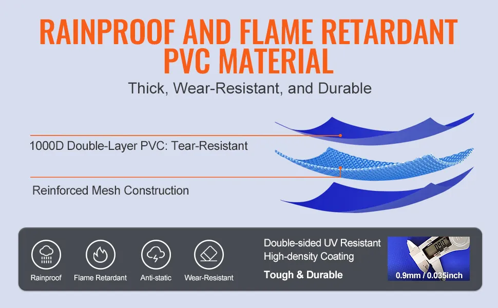 rainproof, flame retardant pvc material; tear-resistant, reinforced mesh construction. VEVOR water tank.