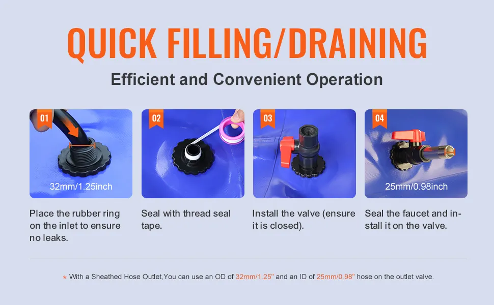 quick filling and draining setup for VEVOR water tank with step-by-step instructions and measurements.