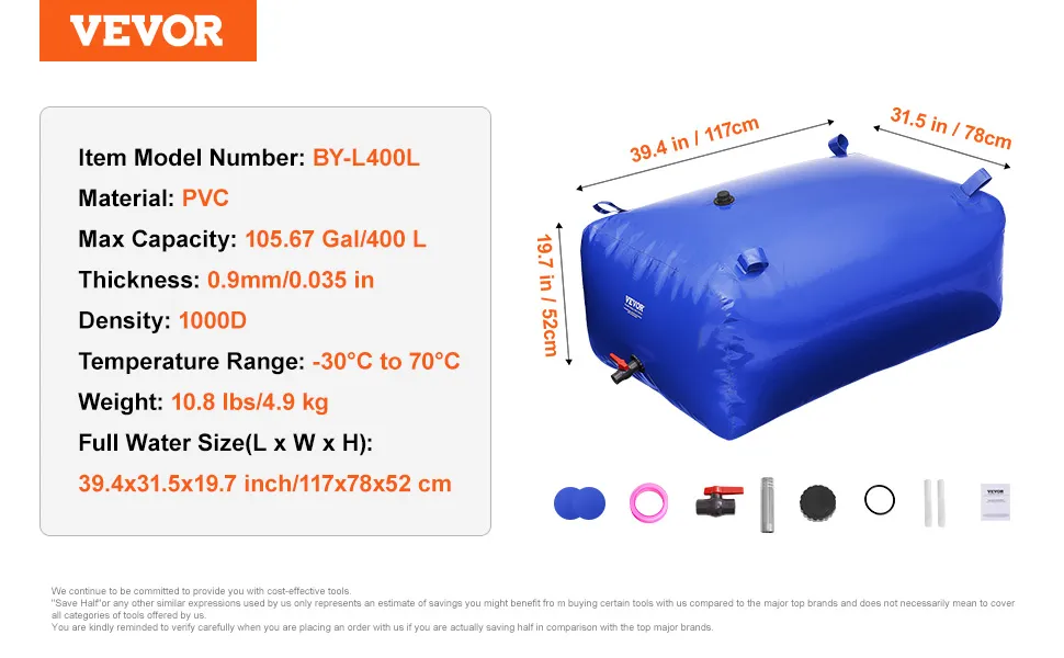 VEVOR water storage bladder, blue pvc, 400l capacity, dimensions 39.4x31.5x19.7 inches, accessories included.
