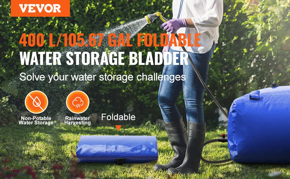 VEVOR water storage bladder for non-potable use and rainwater harvesting, 400l/105.67 gal capacity.