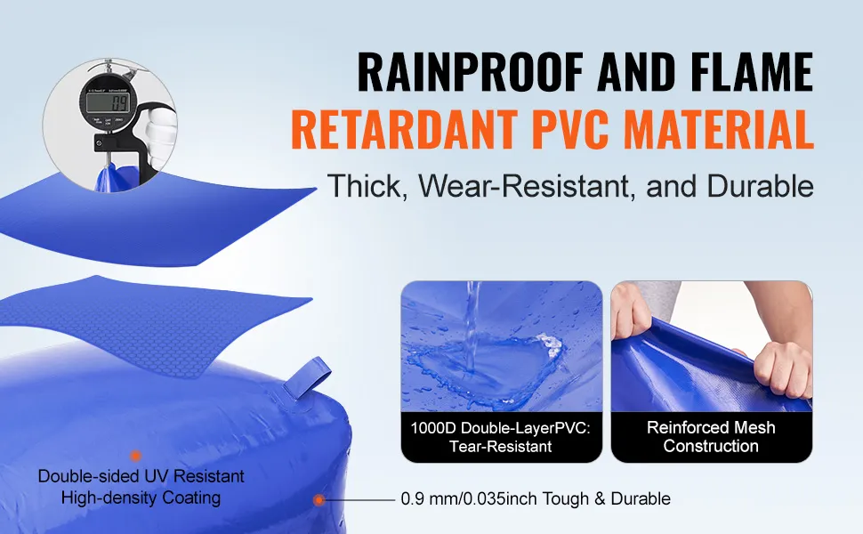 rainproof, flame retardant pvc VEVOR water storage bladder with uv resistance and reinforced mesh construction.