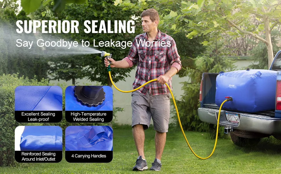 man using VEVOR water storage bladder in backyard. superior sealing features highlighted.