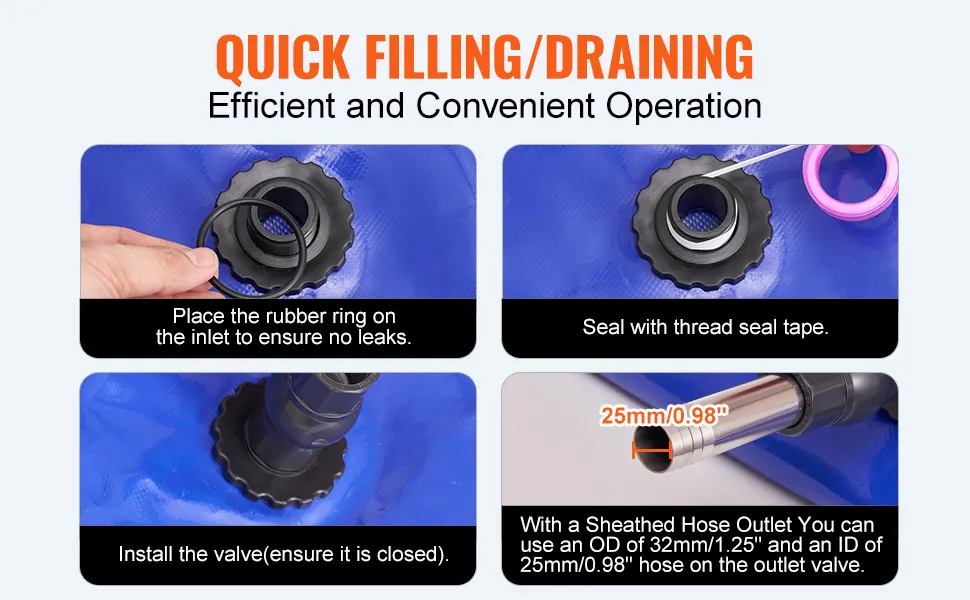 quick filling/draining instructions for VEVOR water storage bladder showing rubber ring, seal tape, and valve.