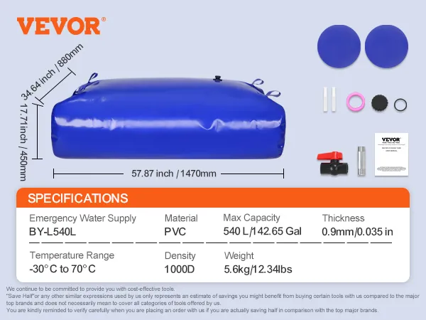 VEVOR water storage bladder 540l, pvc, 57.87x34.64x17.71 inches, emergency water supply kit.