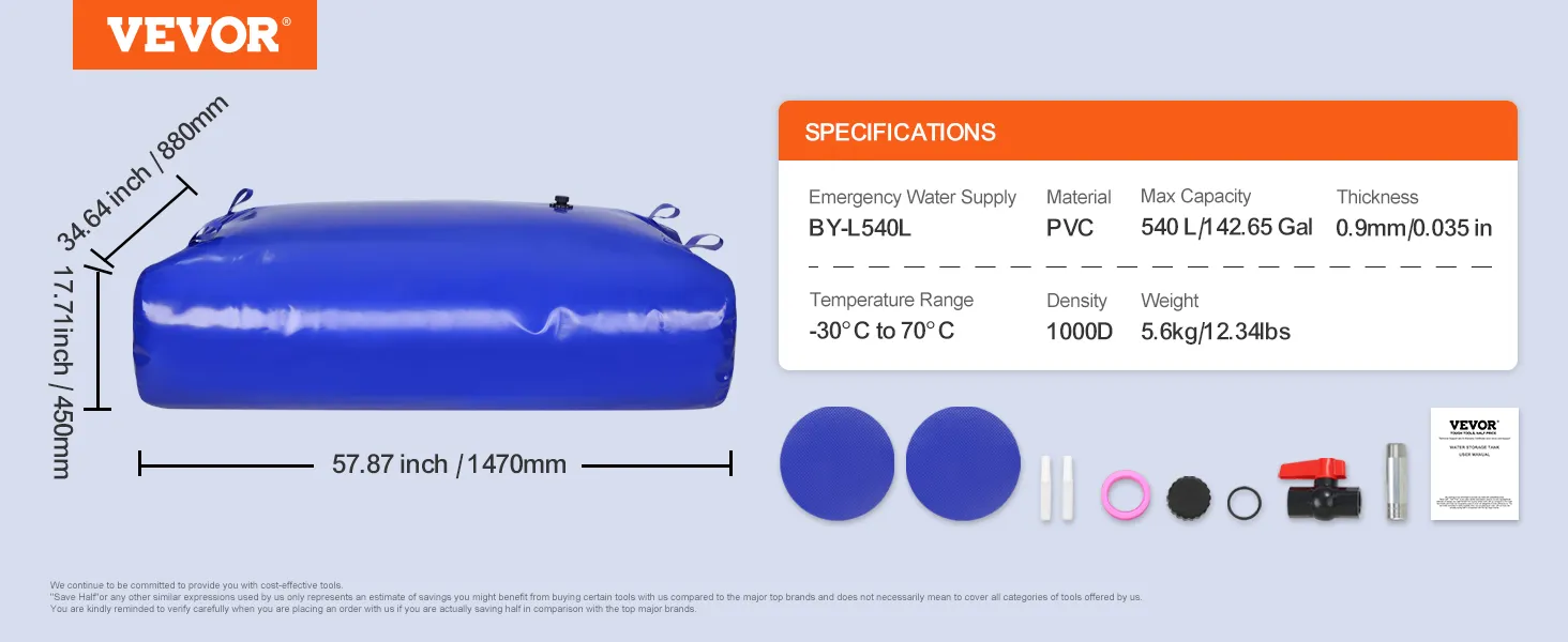 VEVOR water storage bladder 540l, pvc, 57.87x34.64x17.71 inches, emergency water supply kit.