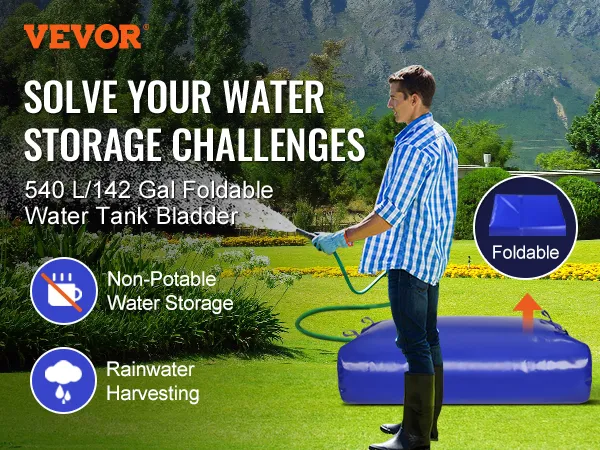 VEVOR water storage bladder in use for garden irrigation, showcasing foldable design and water storage capacity.