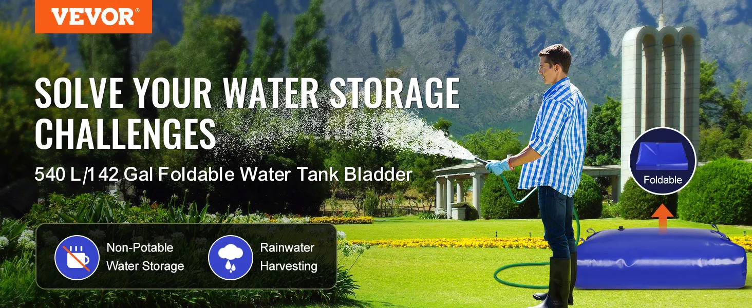 VEVOR water storage bladder in use for garden irrigation, showcasing foldable design and water storage capacity.