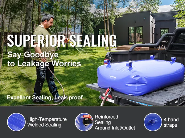 VEVOR water storage bladder in truck bed, showcasing superior sealing and leak-proof technology in a backyard