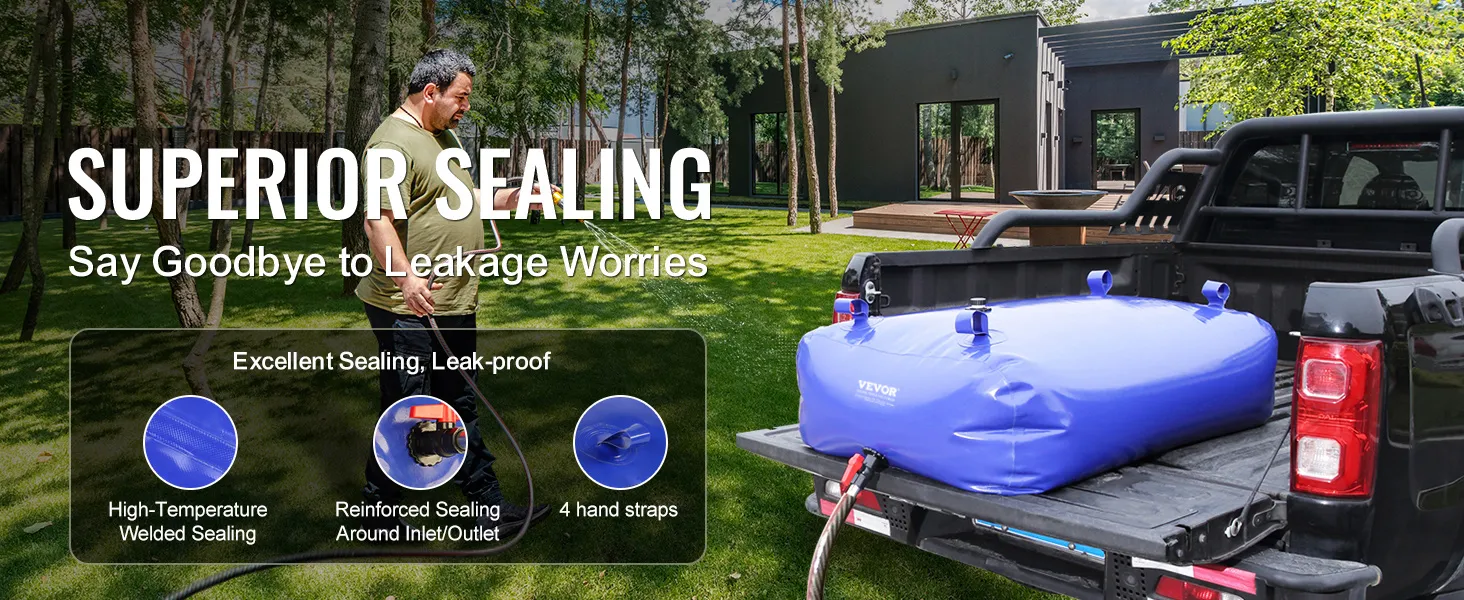 VEVOR water storage bladder in truck bed, showcasing superior sealing and leak-proof technology in a backyard