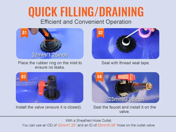 quick filling/draining steps for VEVOR water storage bladder with efficient valve installation.