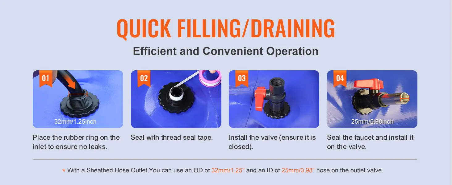 quick filling/draining steps for VEVOR water storage bladder with efficient valve installation.