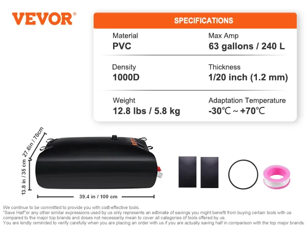 Dane techniczne zbiornika na wodę VEVOR: materiał PVC, 63 galony/240 l, gęstość 1000 d, 12,8 funta.