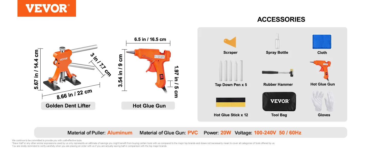 El kit extractor de abolladuras VEVOR incluye un levantador de abolladuras, una pistola de pegamento caliente, un raspador, bolígrafos, un martillo, barras de pegamento y una bolsa de herramientas.