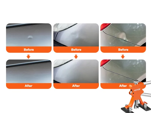 Antes y después de usar el extractor de abolladuras VEVOR en paneles de automóviles, mostrando la eficacia de eliminación de abolladuras.