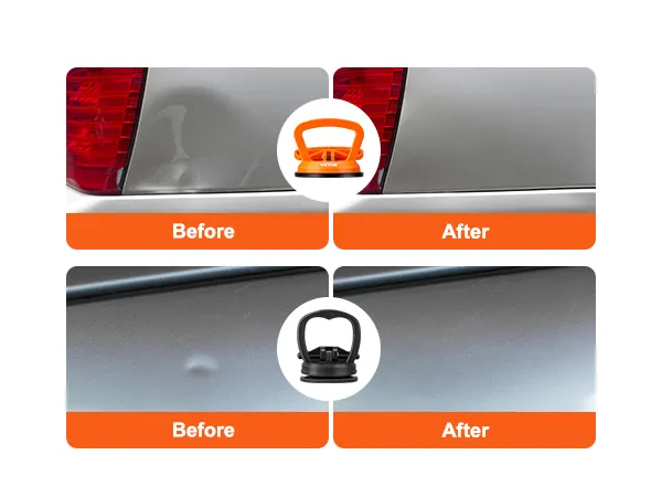 before and after comparison of car dents fixed using a VEVOR dent removal kit.