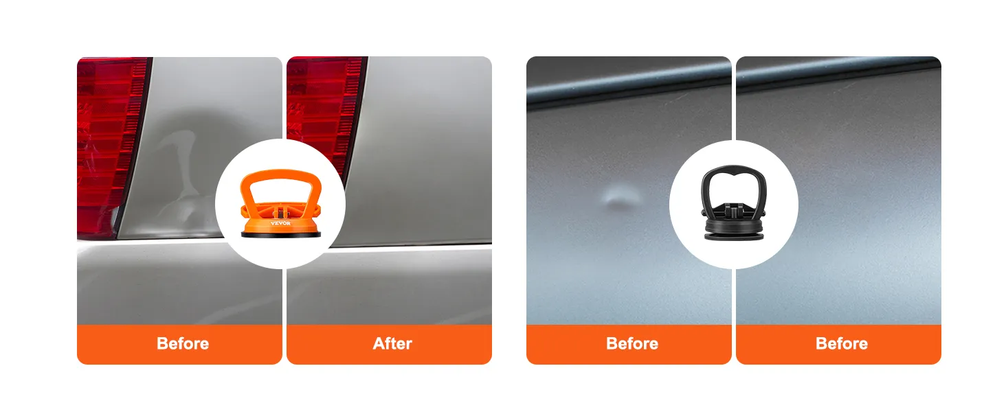 before and after comparison of car dents fixed using a VEVOR dent removal kit.