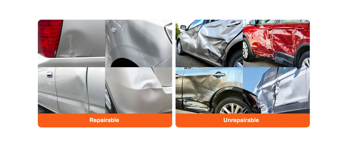 repairable vs unrepairable car dents comparison showcasing VEVOR dent removal kit effectiveness.