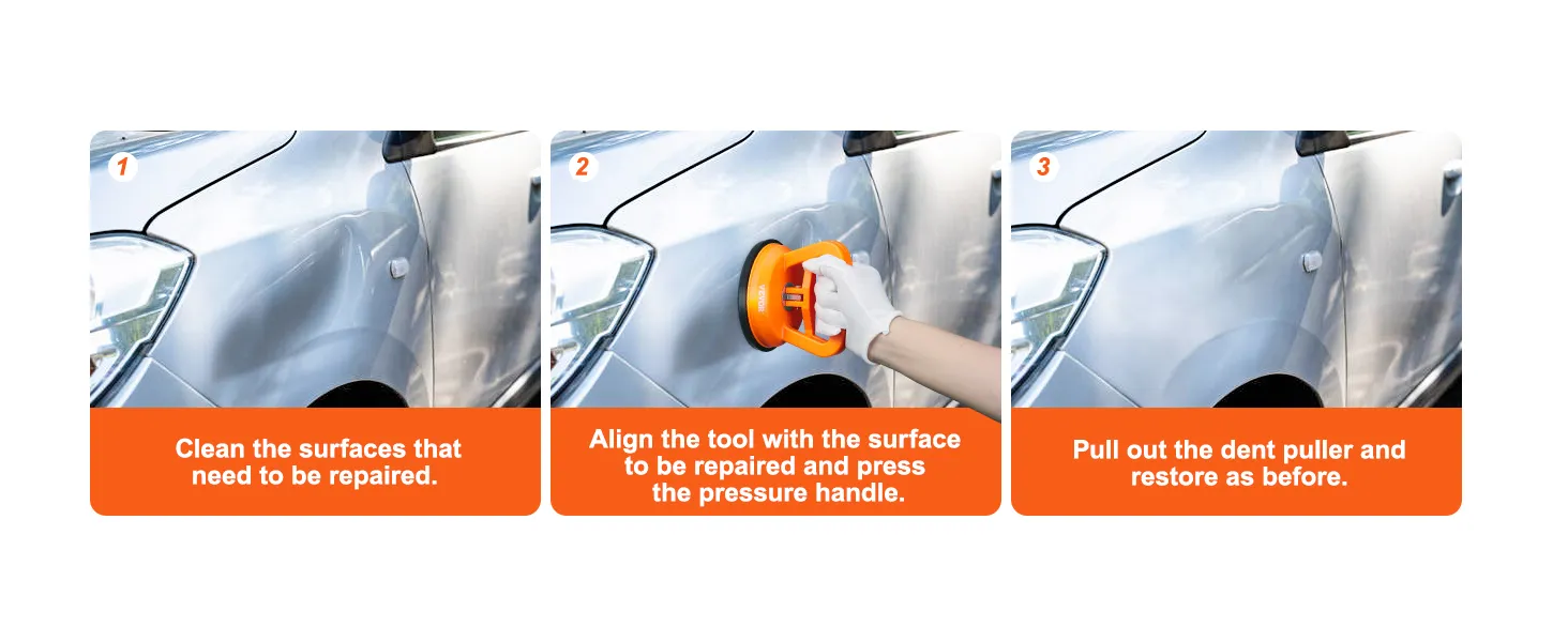 steps to use VEVOR dent removal kit on a silver car: clean surface, align tool, pull out dent.