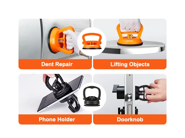 VEVOR dent removal kit: dent repair, lifting objects, phone holder, doorknob usage.