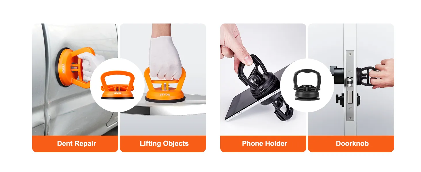 VEVOR dent removal kit: dent repair, lifting objects, phone holder, doorknob usage.