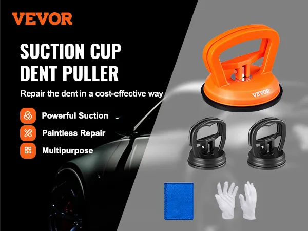 VEVOR dent removal kit with suction cup dent puller, gloves, and cloth for paintless repair.