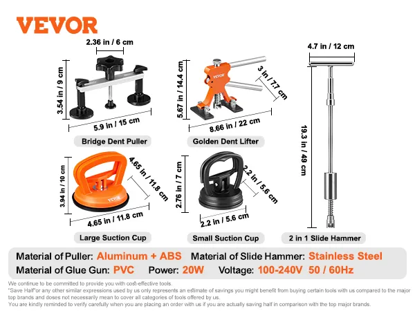 Kit extractor de abolladuras VEVOR con extractor de puente, elevador de abolladuras dorado, ventosas, martillo deslizante y accesorios.