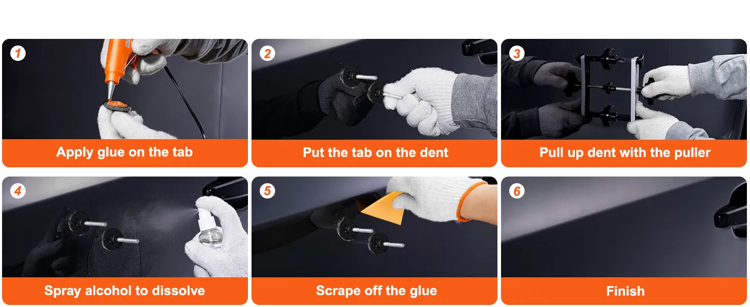 Pasos del kit extractor de abolladuras VEVOR: aplicar pegamento, colocar la pestaña, sacar la abolladura, rociar alcohol, raspar el pegamento, terminar.