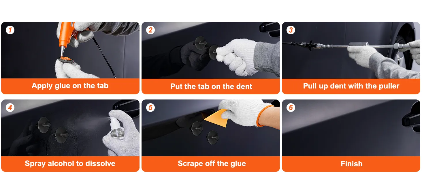 Guía de seis pasos para utilizar el kit extractor de abolladuras VEVOR: pegar, colocar la pestaña, sacar la abolladura, rociar, raspar y terminar.