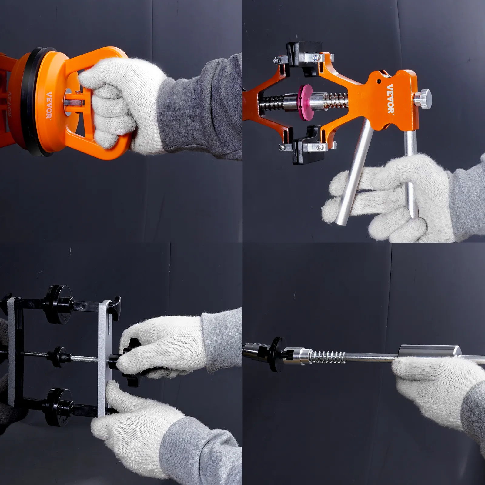 Manos utilizando las herramientas del kit extractor de abolladuras VEVOR sobre un fondo negro, mostrando sus componentes y funcionalidad.