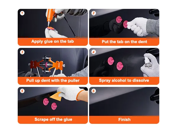 Guía paso a paso para utilizar el kit de reparación de abolladuras VEVOR: aplicar pegamento, colocar la pestaña, retirar la abolladura, disolver, raspar y terminar.