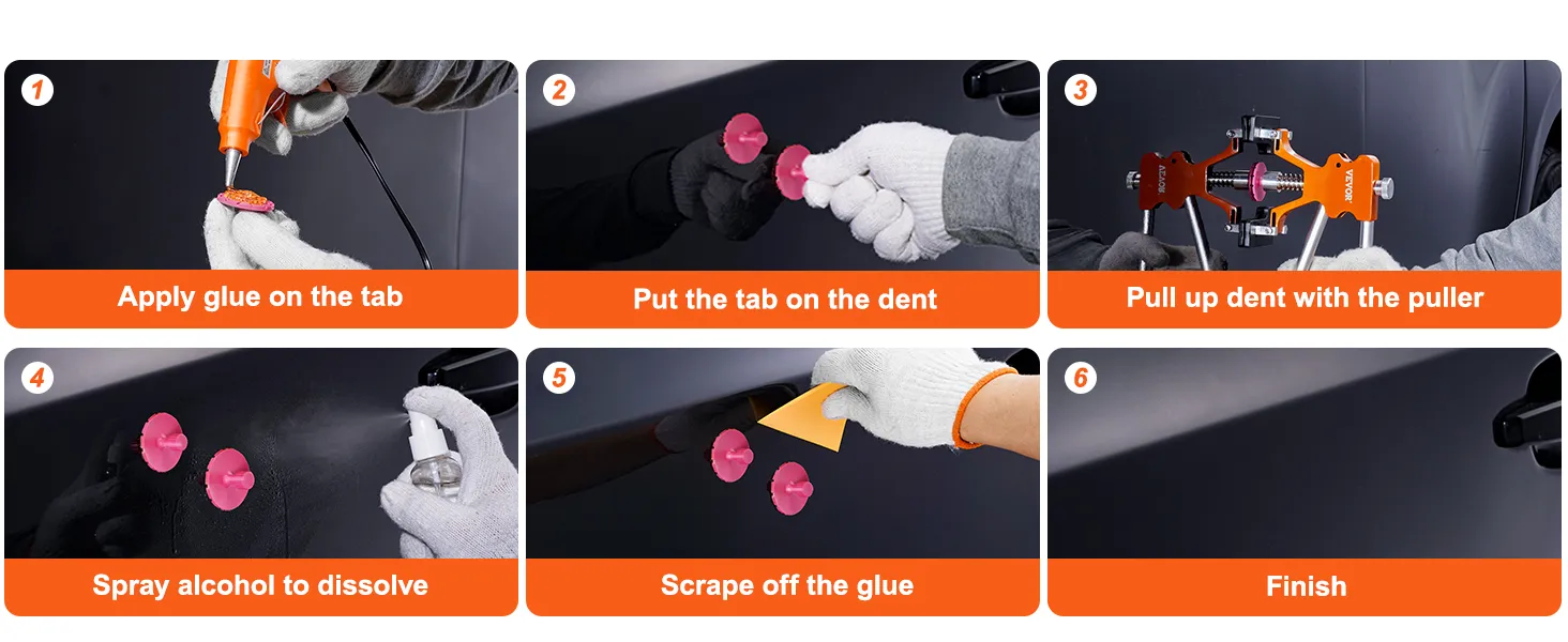 Guía paso a paso para utilizar el kit de reparación de abolladuras VEVOR: aplicar pegamento, colocar la pestaña, retirar la abolladura, disolver, raspar y terminar.