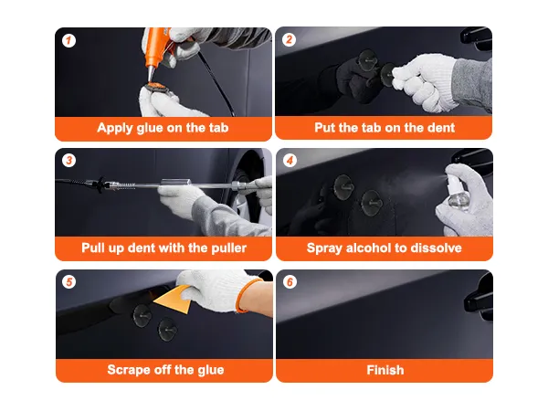 Pasos para reparar una abolladura de coche usando el kit de reparación de abolladuras VEVOR: aplicar pegamento, colocar la pestaña, tirar, disolver, raspar, terminar.
