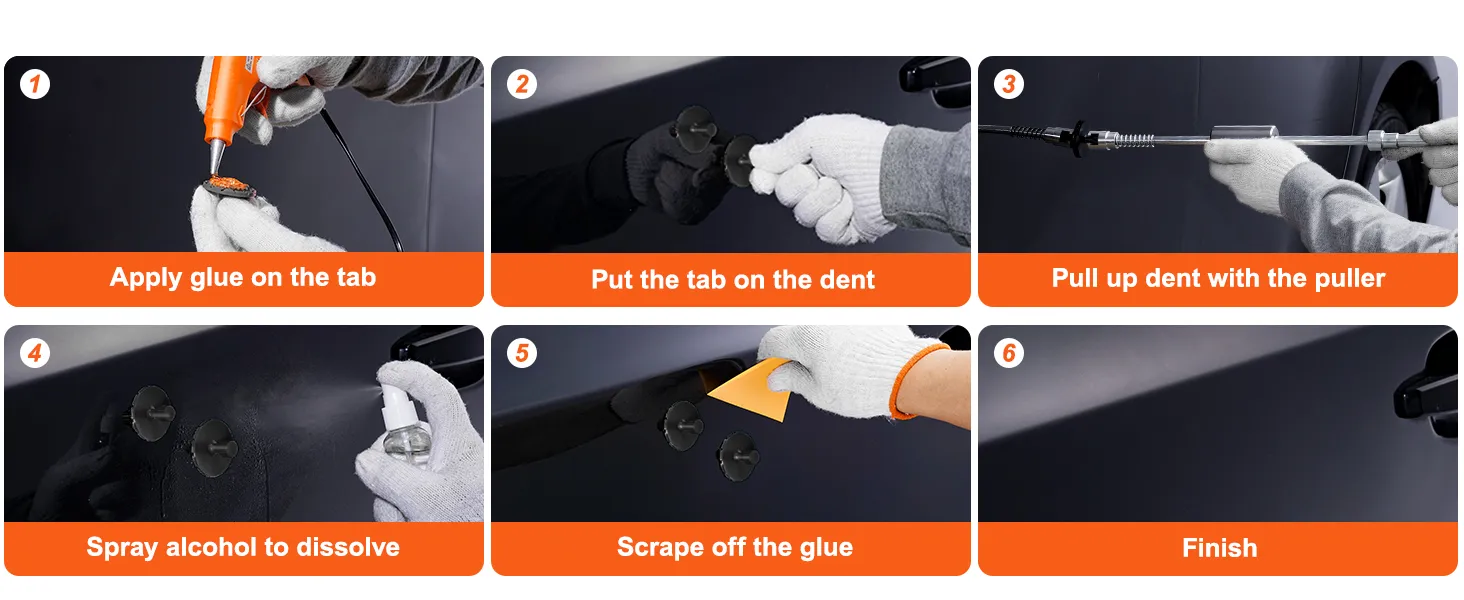 Pasos para reparar una abolladura de coche usando el kit de reparación de abolladuras VEVOR: aplicar pegamento, colocar la pestaña, tirar, disolver, raspar, terminar.