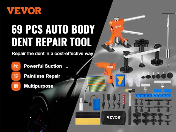 Kit de reparación de abolladuras VEVOR con 69 piezas para una reparación de carrocería sin dolor, con herramientas de succión y accesorios.
