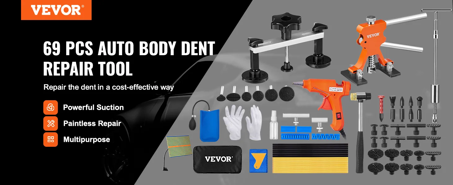 Kit de reparación de abolladuras VEVOR con 69 piezas para una reparación de carrocería sin dolor, con herramientas de succión y accesorios.