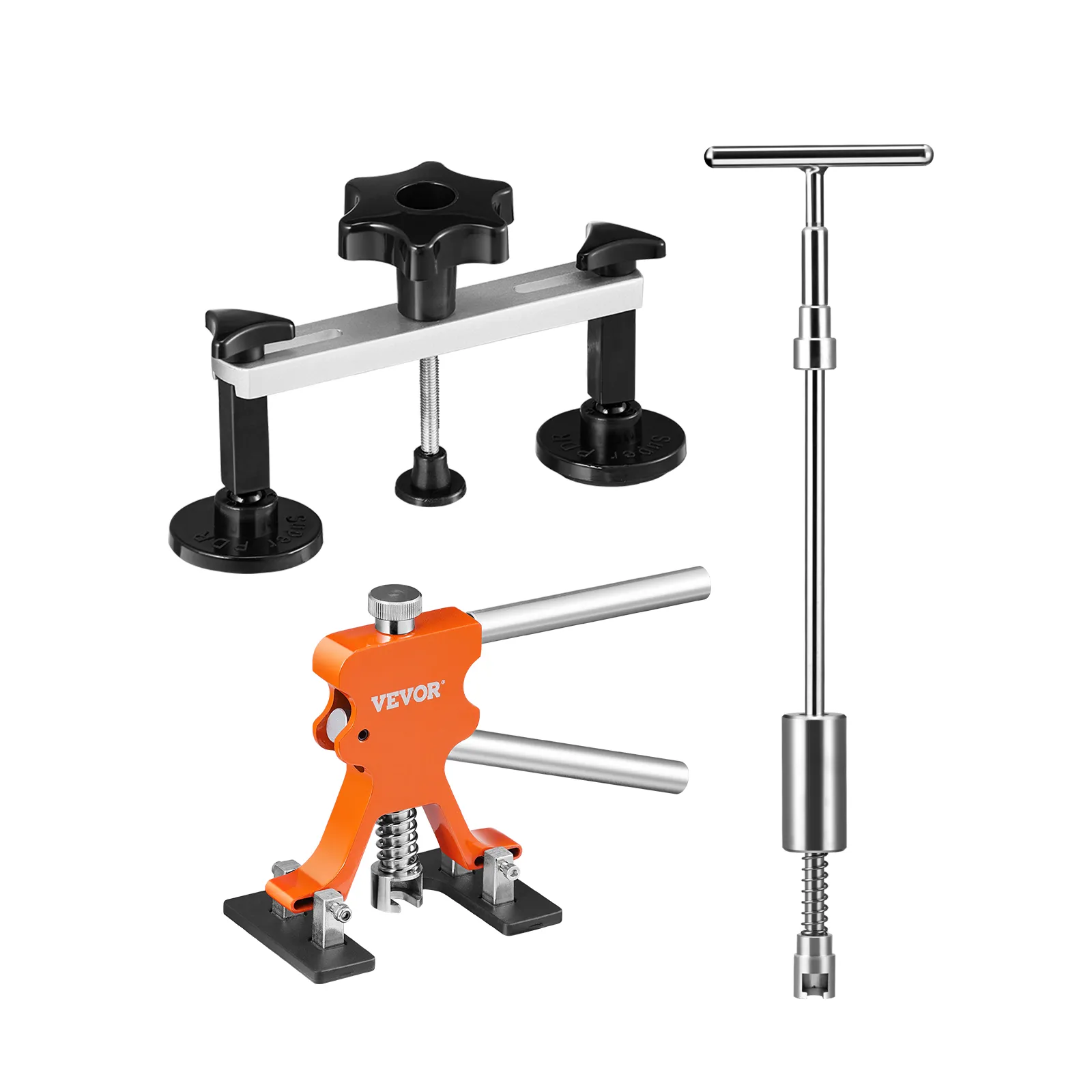 Kit de reparación de abolladuras VEVOR con extractor de barra en T, extractor de puente y elevador de abolladuras naranja.