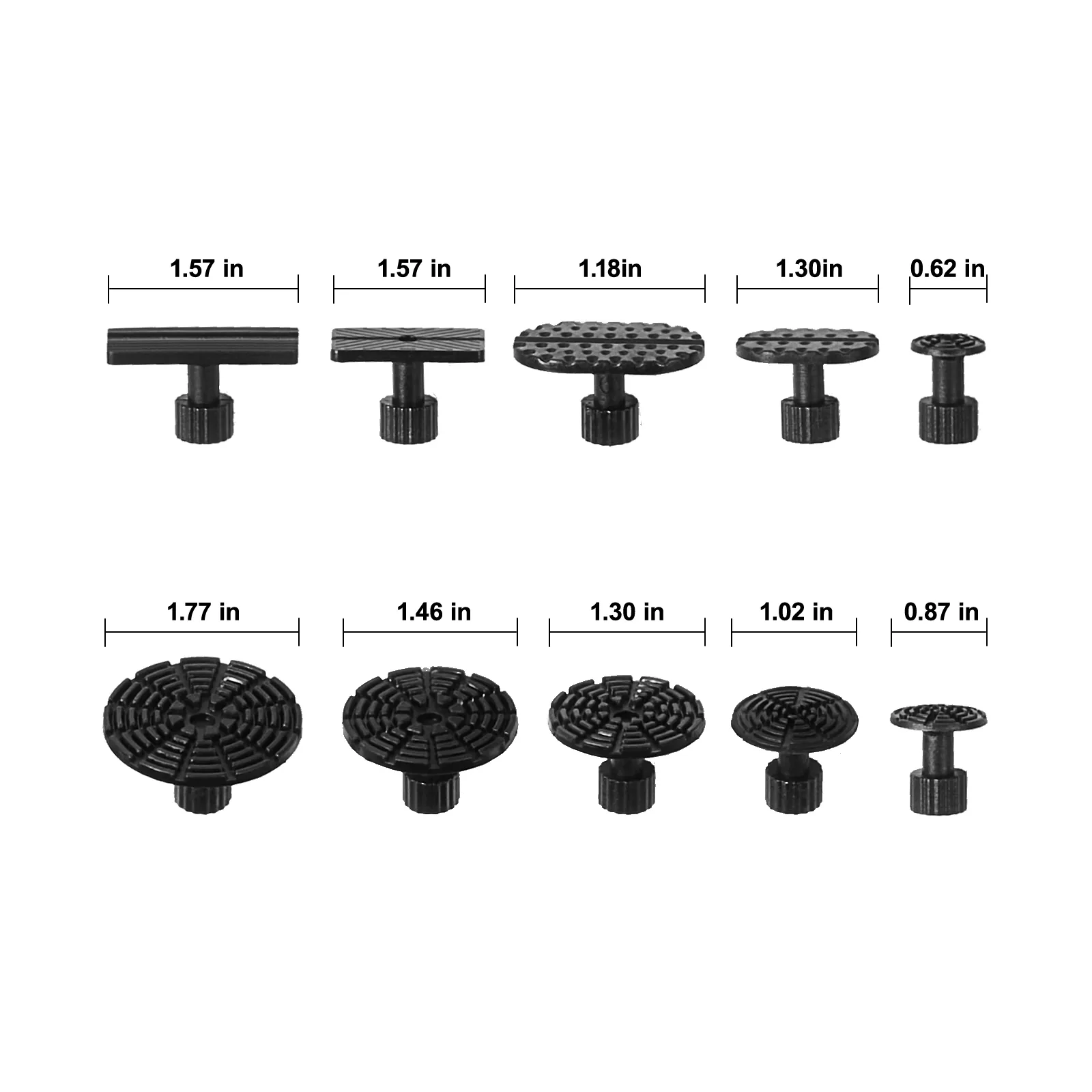 Varias lengüetas de plástico negro de diferentes formas y tamaños del kit de reparación de abolladuras de VEVOR.