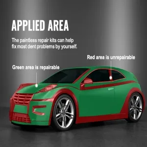 Coche que resalta las zonas reparables y no reparables con el kit de reparación de abolladuras VEVOR.