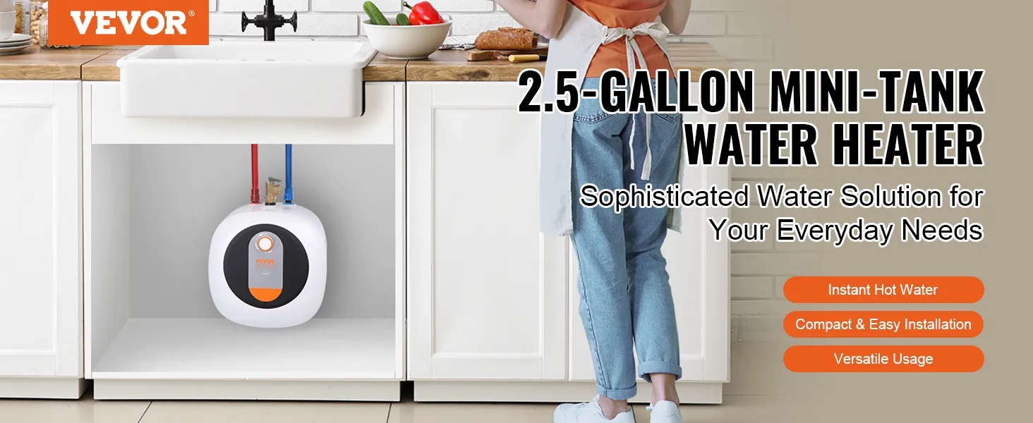 Calentador de agua eléctrico mini-tanque VEVOR instalado debajo del fregadero de la cocina para obtener agua caliente instantánea.
