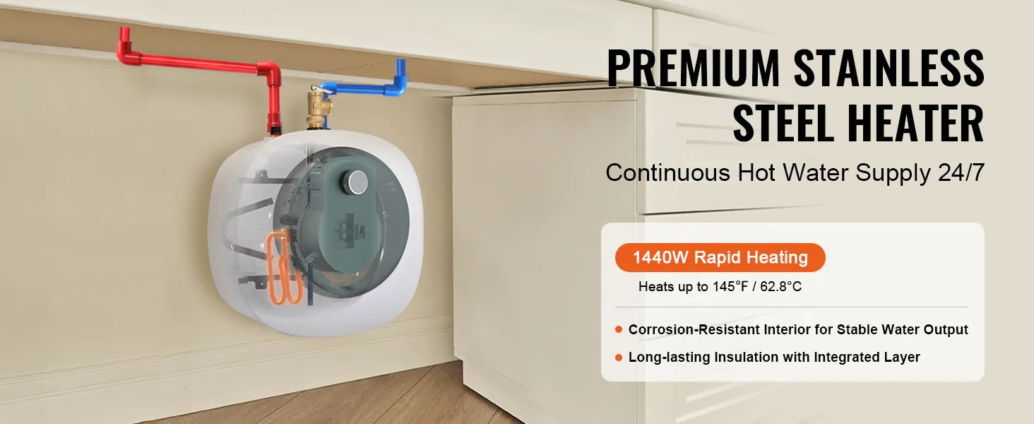 Calentador de agua eléctrico mini-tanque VEVOR con calentamiento rápido, resistente a la corrosión, instalación debajo del fregadero.