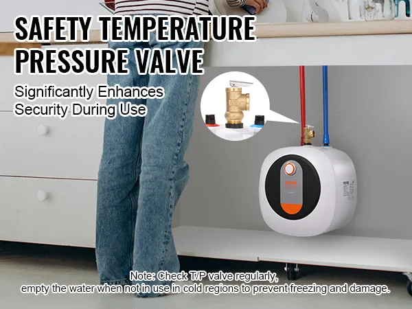 Calentador de agua eléctrico mini-tanque VEVOR debajo del fregadero de la cocina con válvula de presión de temperatura de seguridad resaltada.