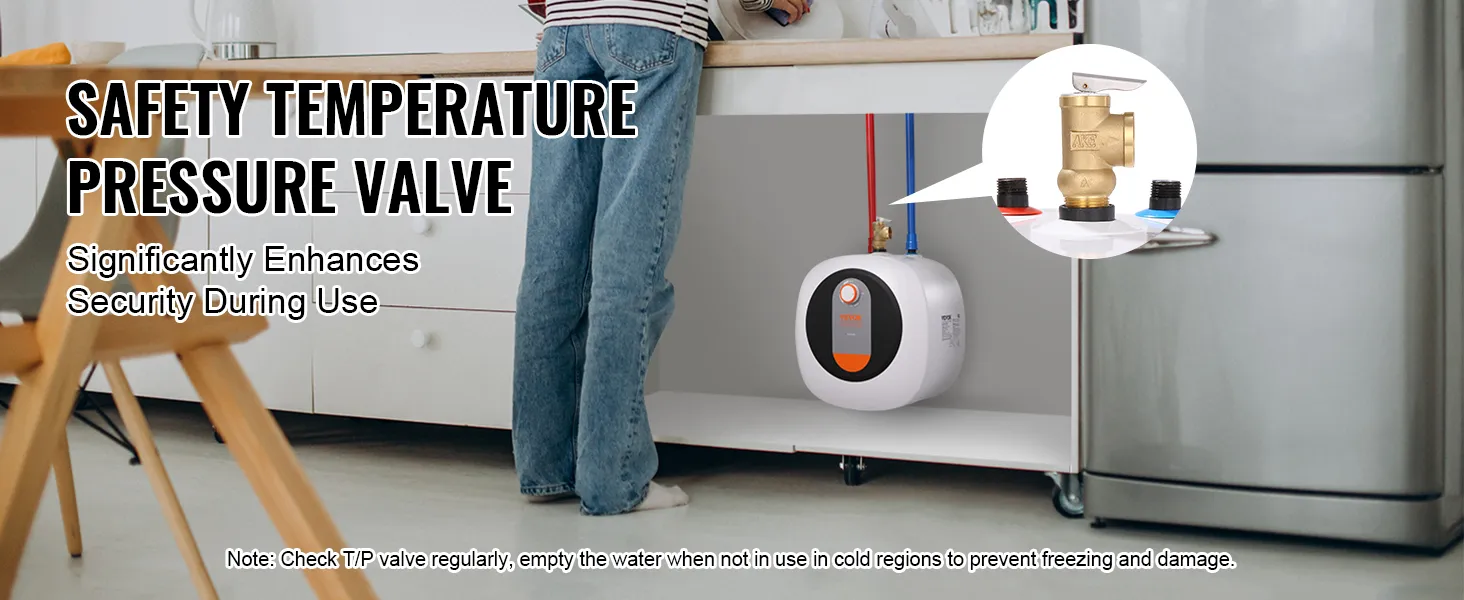 Calentador de agua eléctrico mini-tanque VEVOR debajo del fregadero de la cocina con válvula de presión de temperatura de seguridad resaltada.