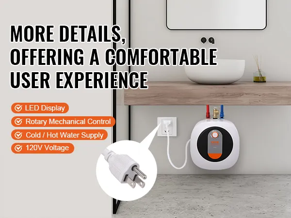 Calentador de agua mini-tanque eléctrico VEVOR con pantalla LED, control giratorio, suministro de agua dual, voltaje de 120v.
