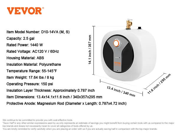 Calentador de agua eléctrico mini-tanque VEVOR, capacidad de 2,5 galones, potencia de 1440 W, carcasa de ABS, rango de temperatura de 55 a 145 °F.