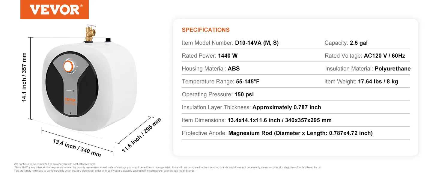 Calentador de agua eléctrico mini-tanque VEVOR, capacidad de 2,5 galones, potencia de 1440 W, carcasa de ABS, rango de temperatura de 55 a 145 °F.