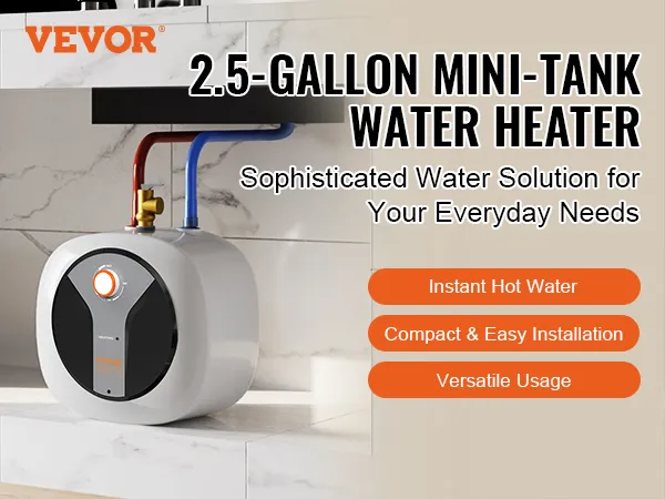 Calentador de agua eléctrico mini-tanque VEVOR que proporciona agua caliente instantánea, instalación compacta y fácil, uso versátil.