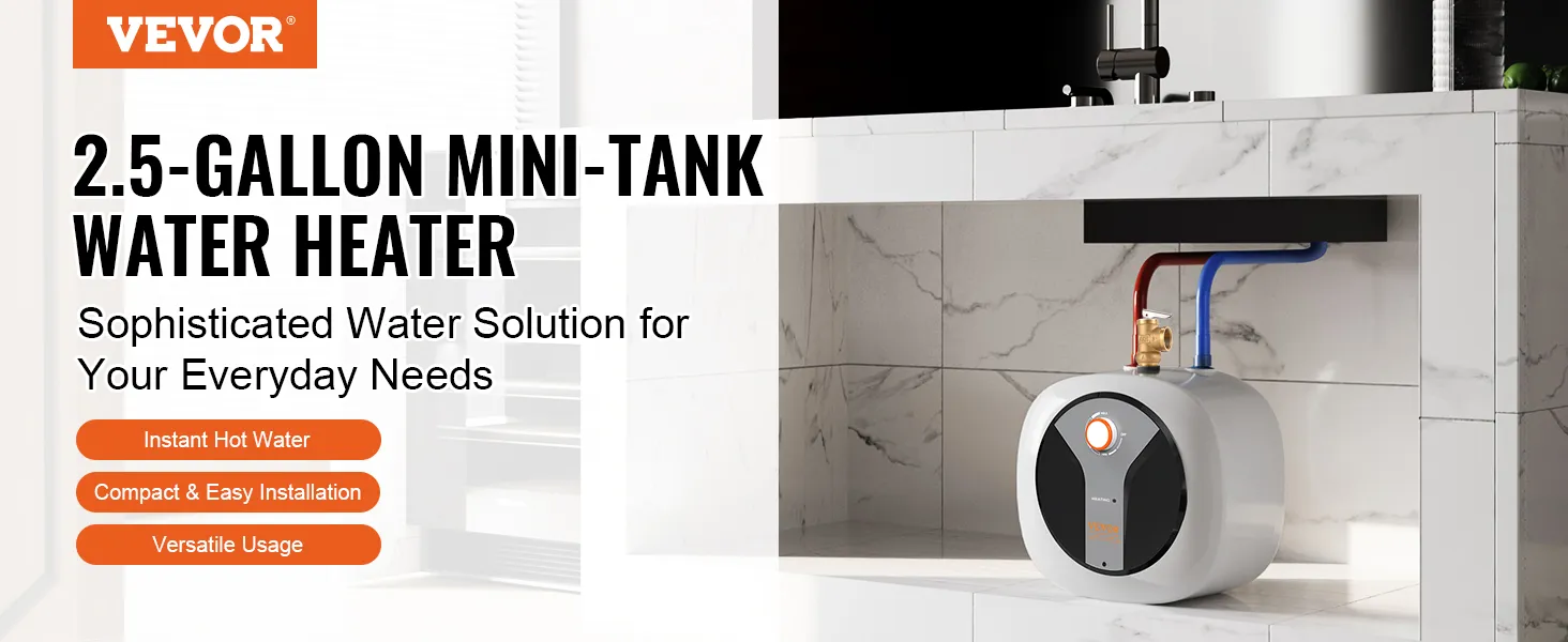 Calentador de agua eléctrico mini-tanque VEVOR que proporciona agua caliente instantánea, instalación compacta y fácil, uso versátil.